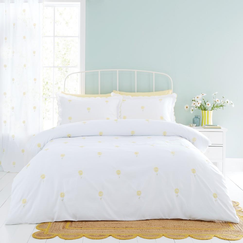 Catherine Lansfield Lorna Embroidered Daisy Single Duvet Cover Set with Pillowcase White Yellow