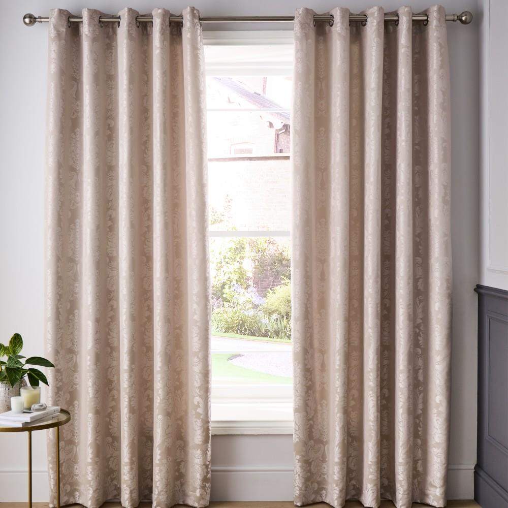 Catherine Lansfield Damask Jacquard 66x72 Inch Lined Eyelet Curtains Two Panels Champagne Gold