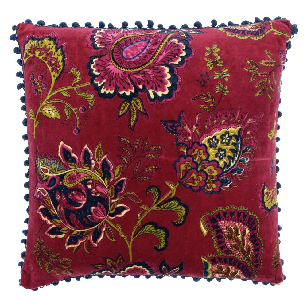 Riva Paoletti Malisa Square Paisley Indian Print Faux Velvet Pom Pom Fringed Cushion Cover