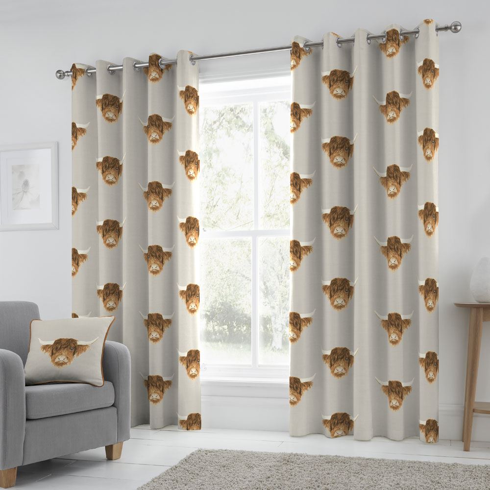 Fusion Highland Cow Print 100% Cotton Eyelet Lined Curtains
