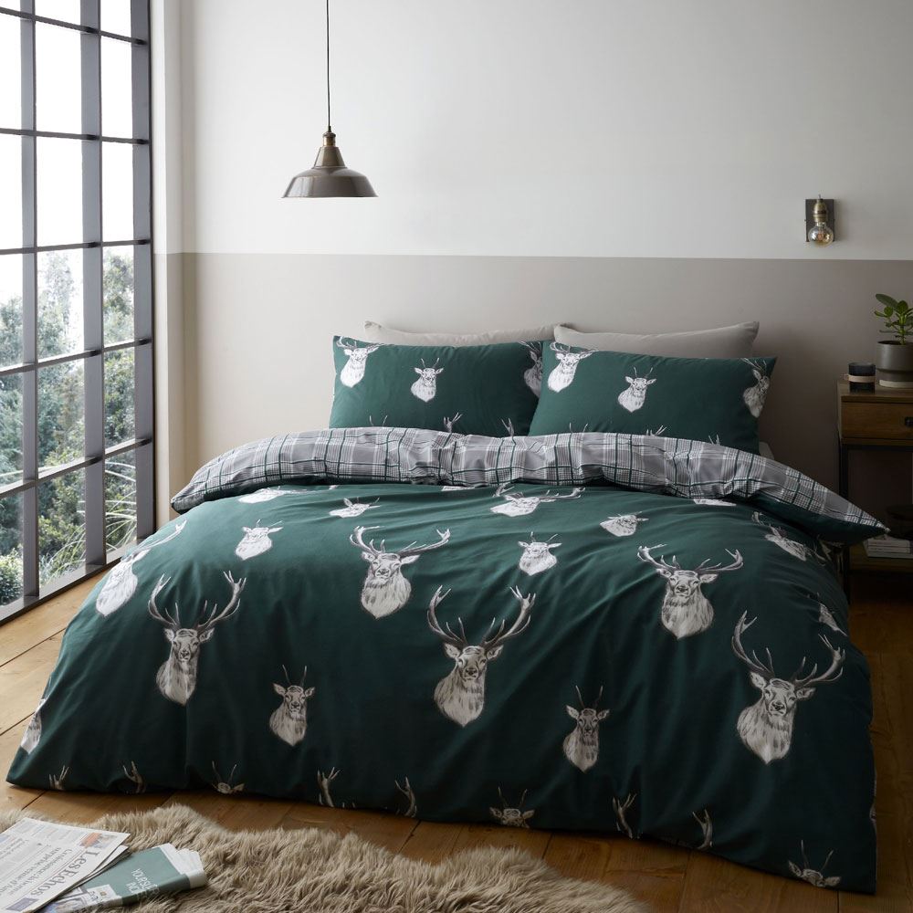 Catherine Lansfield Stag Tartan Check Reversible Duvet Cover Set
