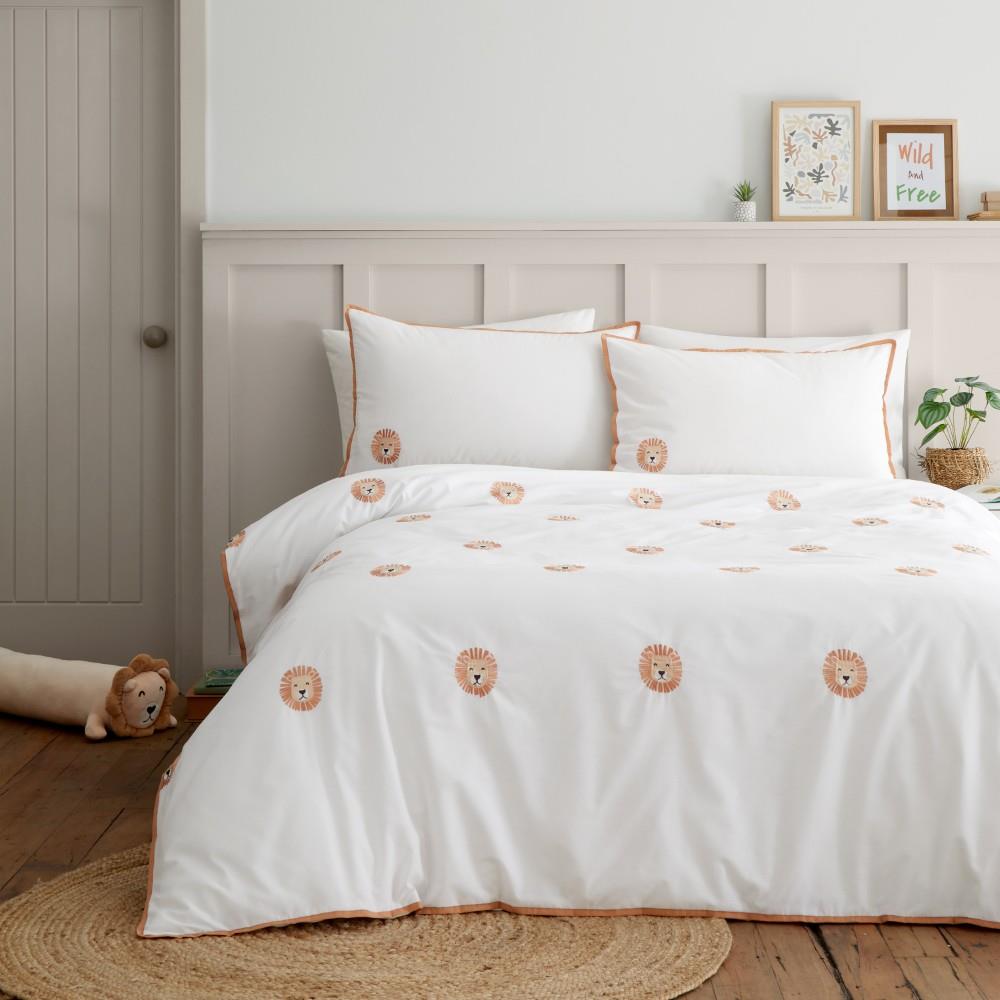 Catherine Lansfield Embroidered Lions Single Duvet Cover Set with Pillowcase White