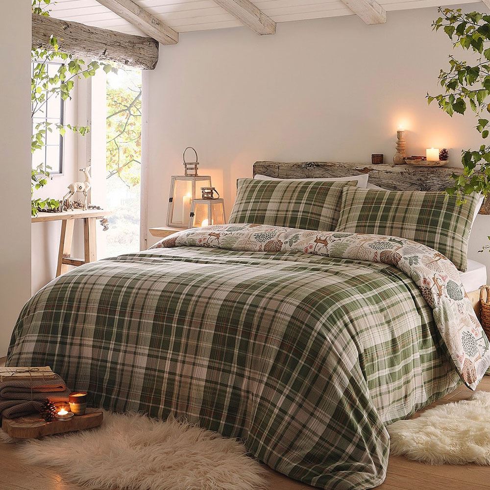 Dreams & Drapes Lodge Winter Forest Check 100% Brushed Cotton Reversible Duvet Cover Set