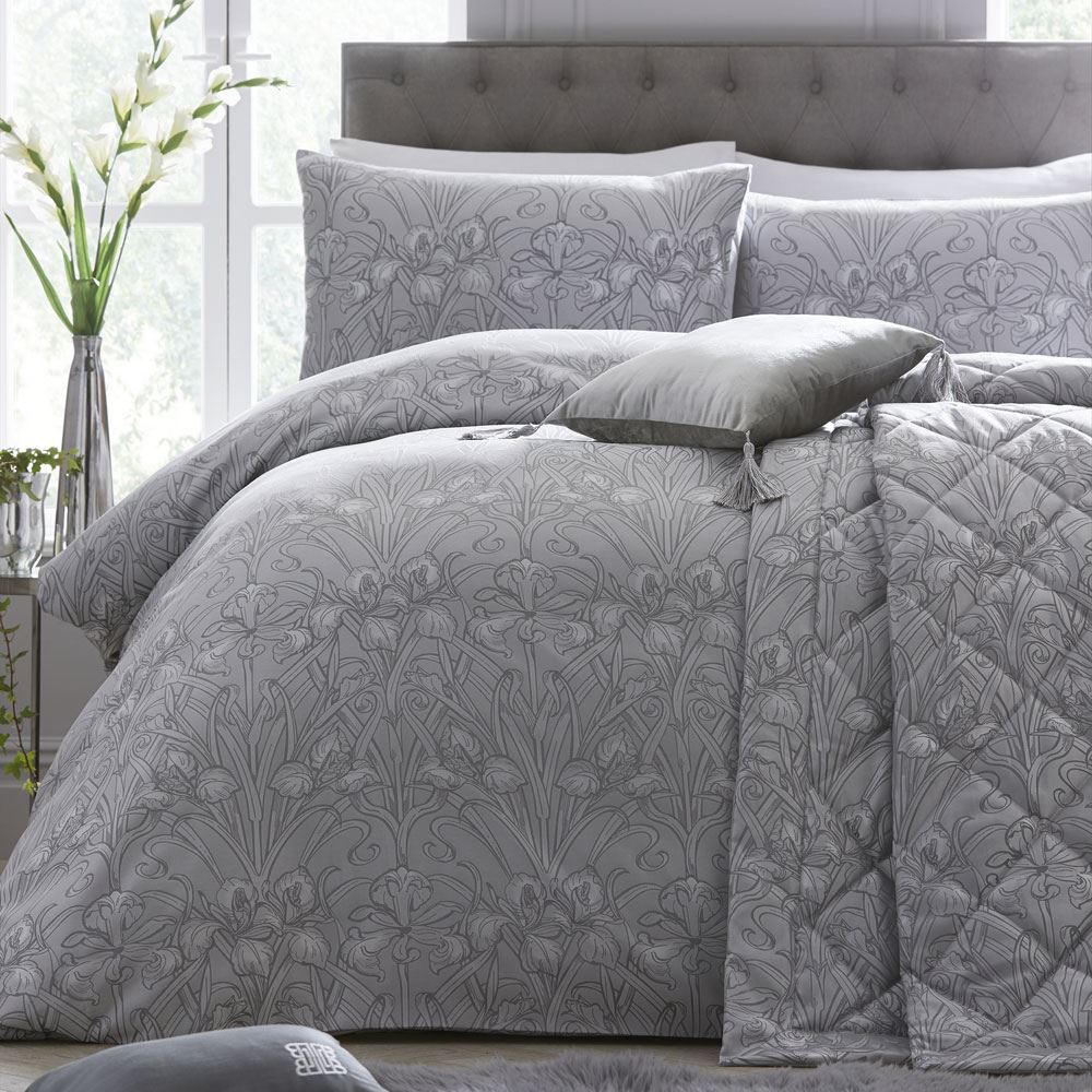 Laurence Llewelyn Bowen Silver Iris Floral Damask Duvet Cover Set