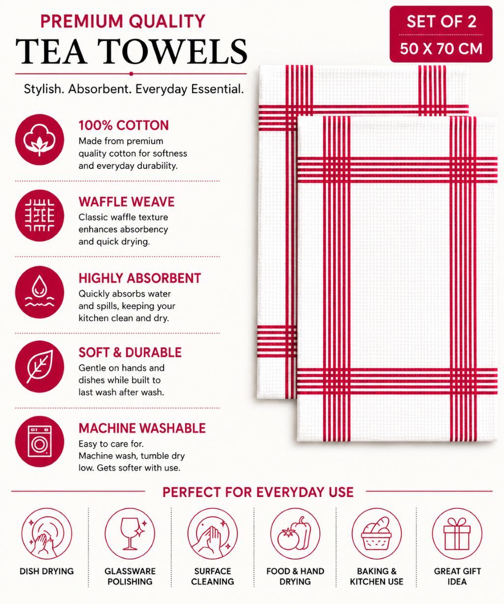 Night Zone Waffle Tea Towels 2 Pack, 100% Cotton