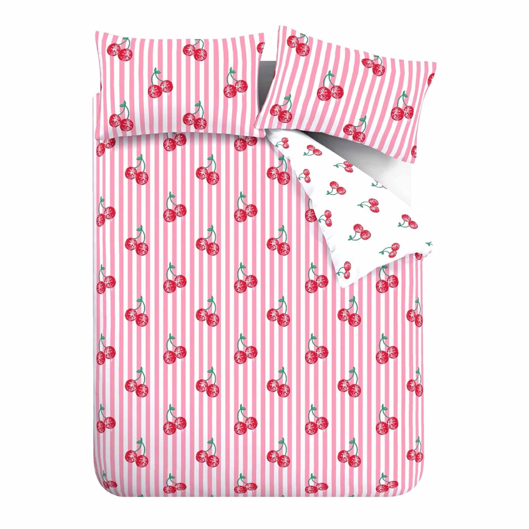 Catherine Lansfield Disco Cherries Stripes Easy Care Reversible Duvet Cover Set
