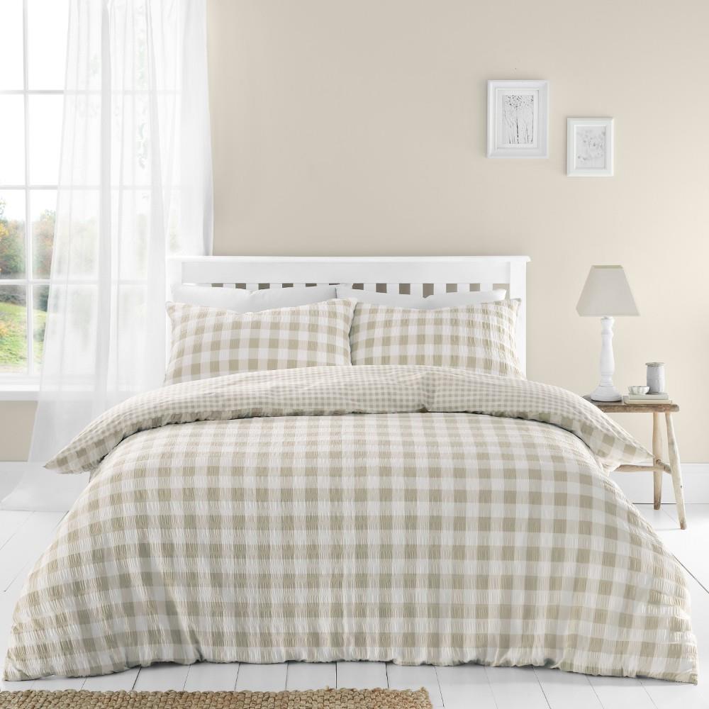 Catherine Lansfield Seersucker Gingham Check Reversible Single Duvet Cover Set with Pillowcase Natural