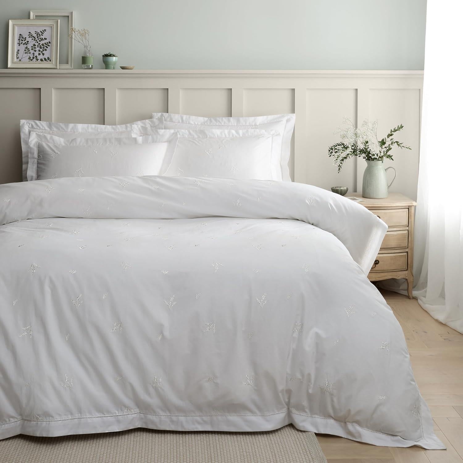 Bianca Lottie Floral Embroidery 100% Cotton Percale 180 Thread Count Duvet Cover Set