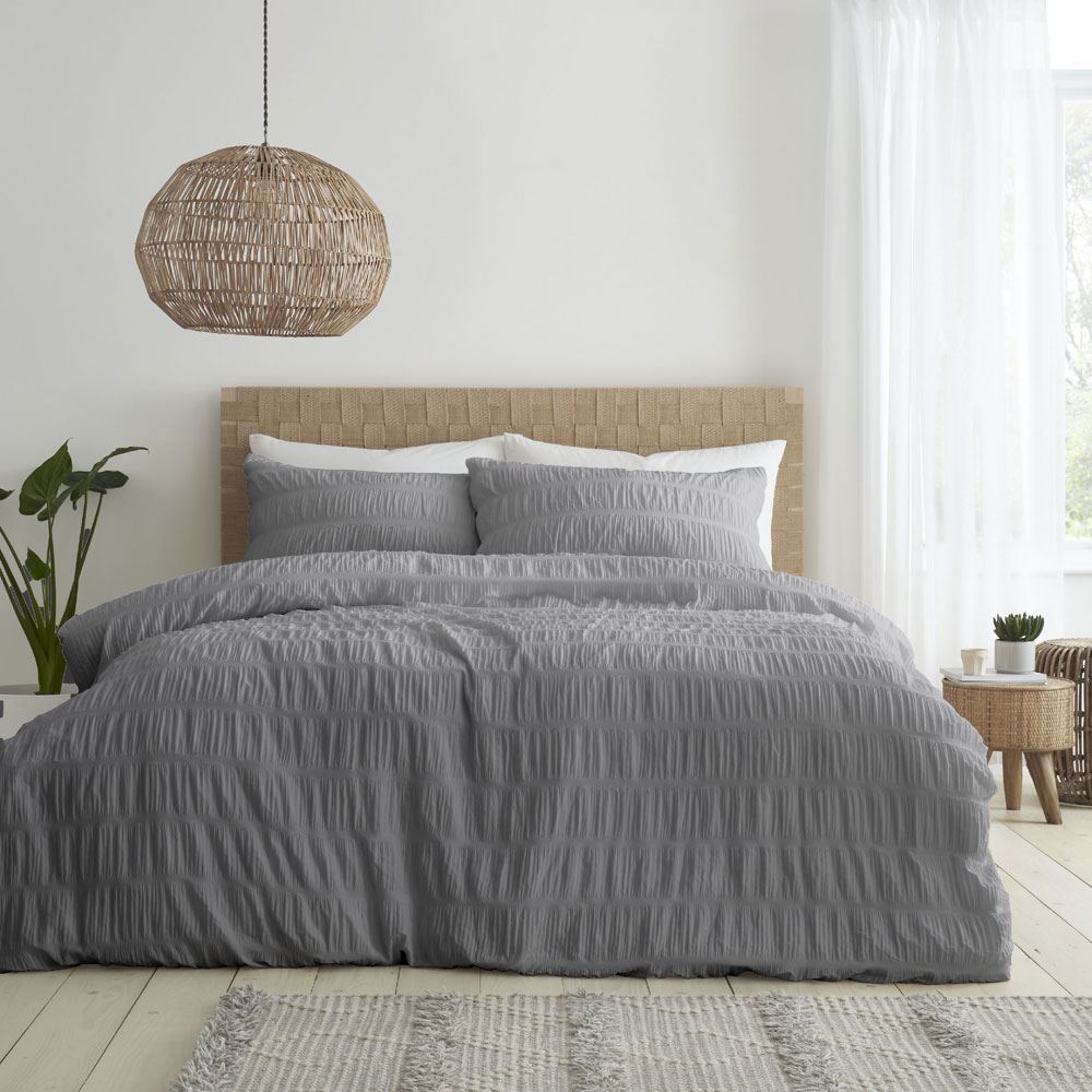 Catherine Lansfield Seersucker Banded Textured Cotton Rich Duvet Cover Set