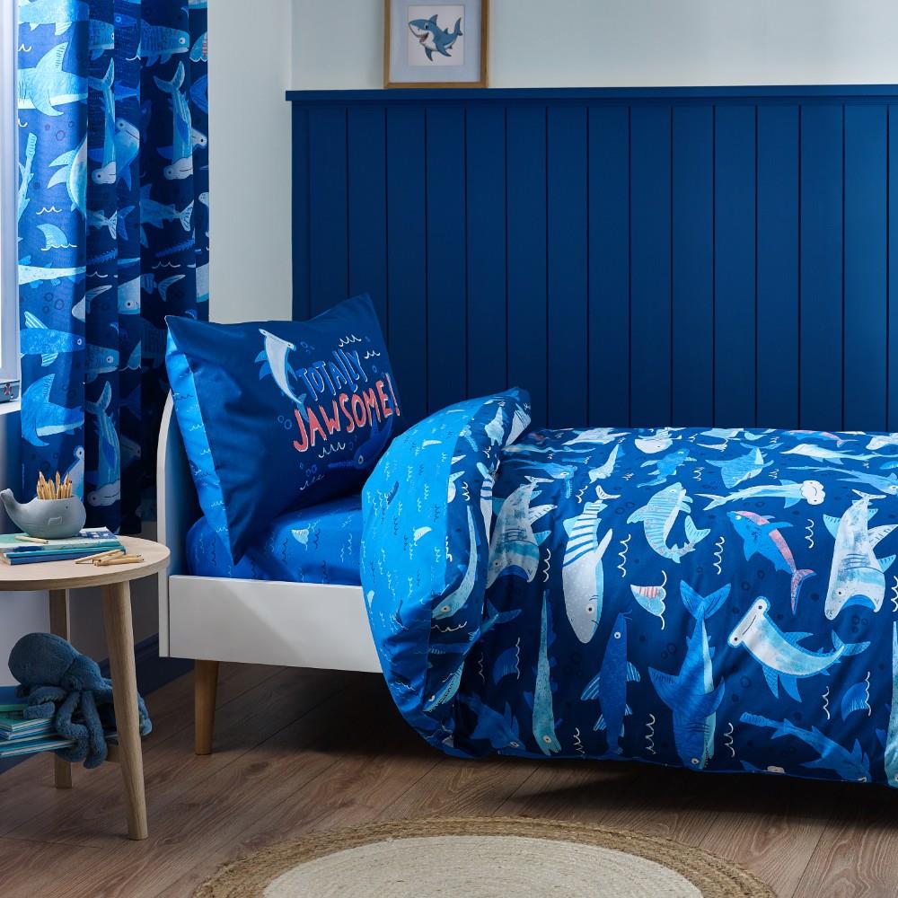 Catherine Lansfield Kids Jawsome Shark Reversible Single Duvet Cover Set with Pillowcase Navy Blue
