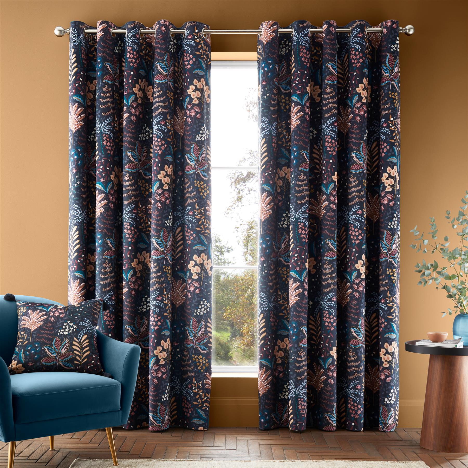 Catherine Lansfield Exotic Leaves Soft Recycled Polyester Velour 66x72 Inch Eyelet Curtains Two Panels Black
