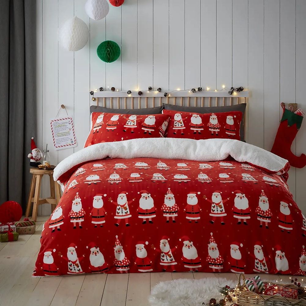 Bedlam Christmas Jolly Santa Sherpa Reverse Duvet Cover Set, Red