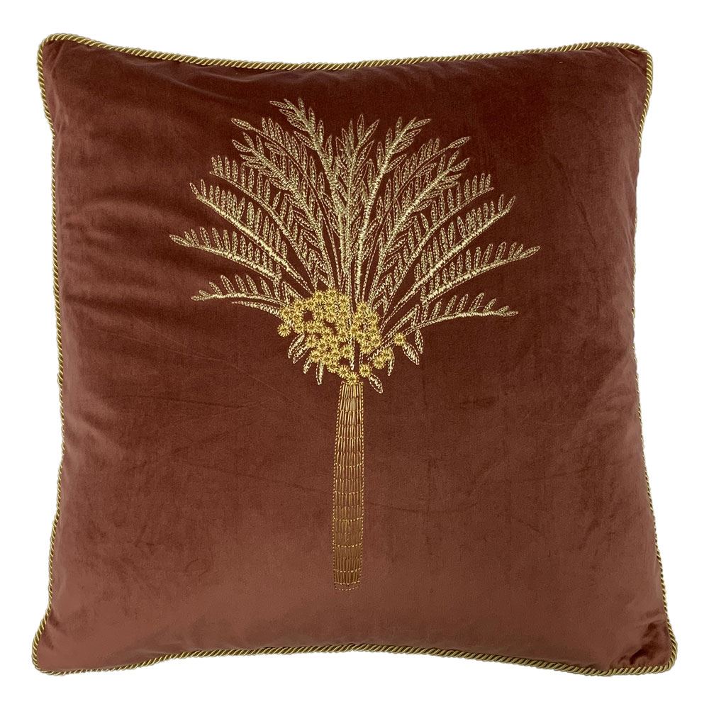 Furn Desert Palm Embroidered Velvet Piped Cushion Cover