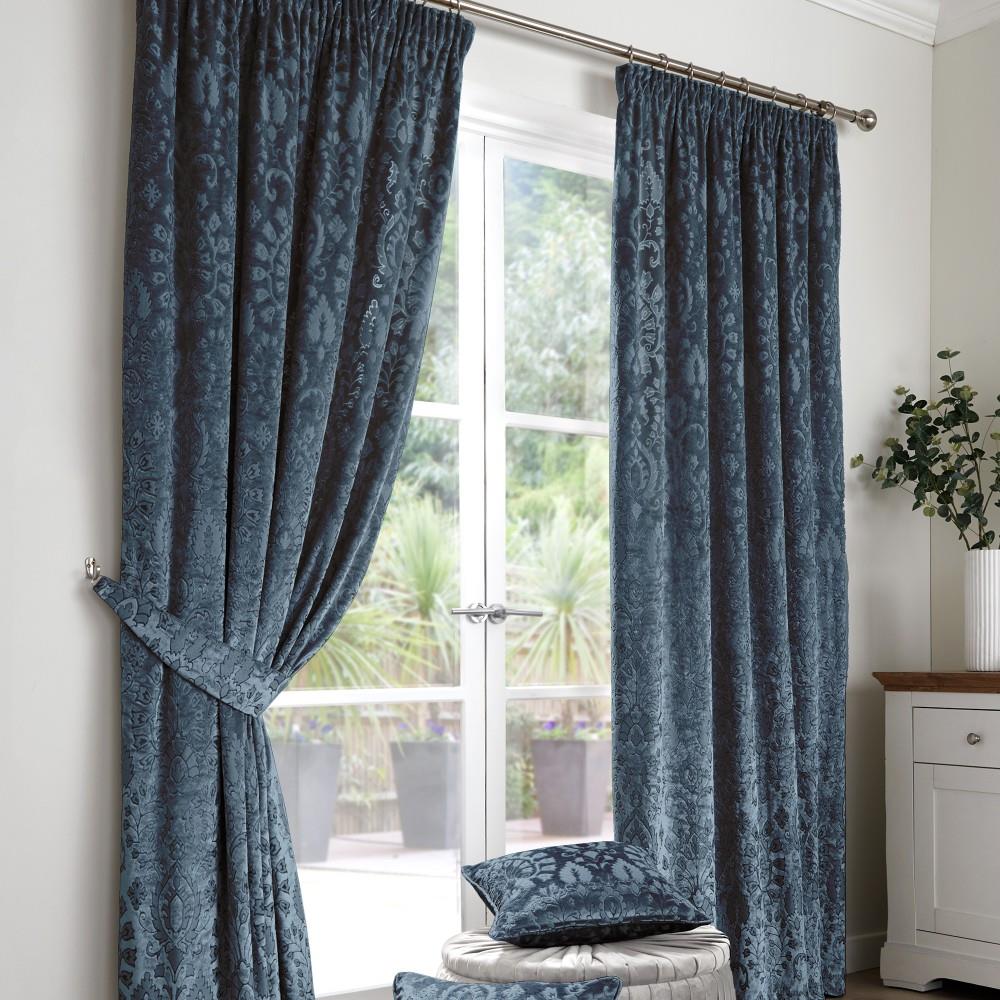 Curtina Trinity Damask Jacquard Velvet Lined Pencil Pleat Curtains