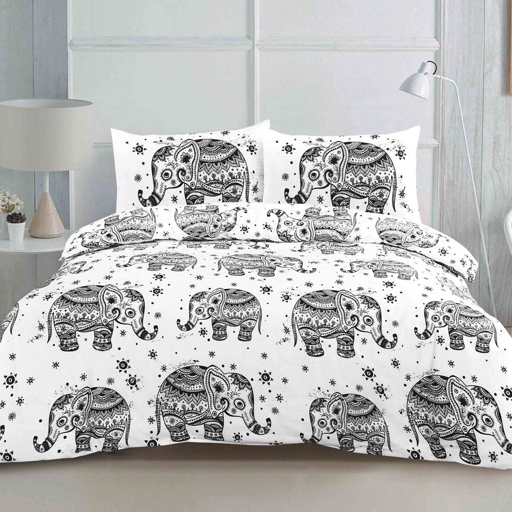 Night Zone Elephant Print Reversible Duvet Cover Set, White/Black