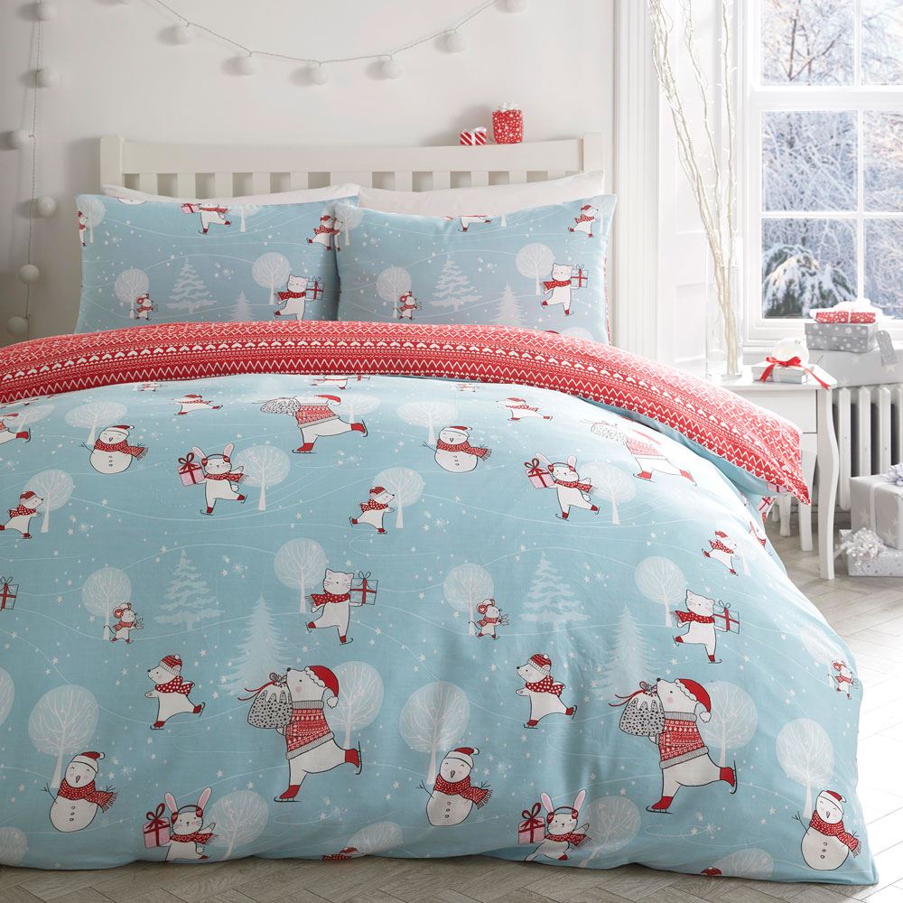 Fusion Christmas Skating Fun Print Reversible Duvet Cover Set