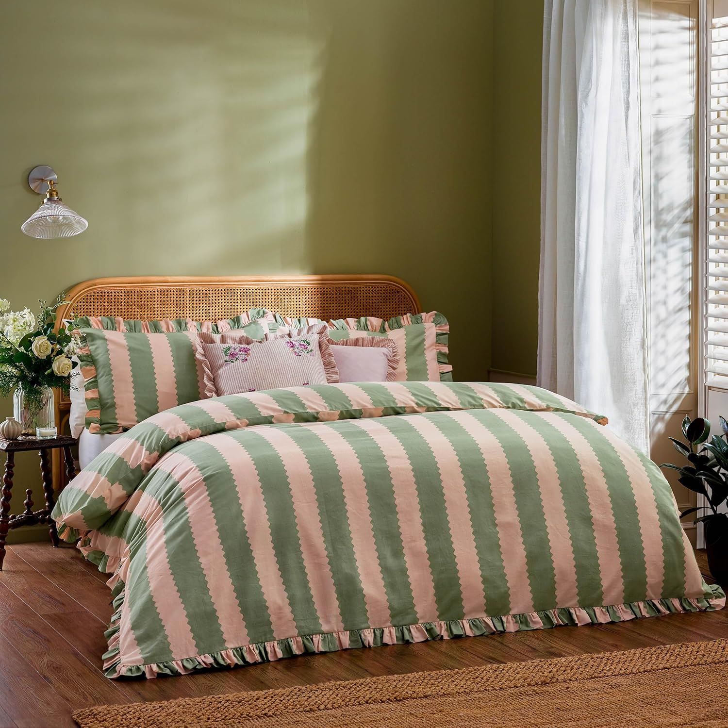 Wylder Birdie Stripe Cotton Rich Ruffle Trim Reversible Duvet Cover Set