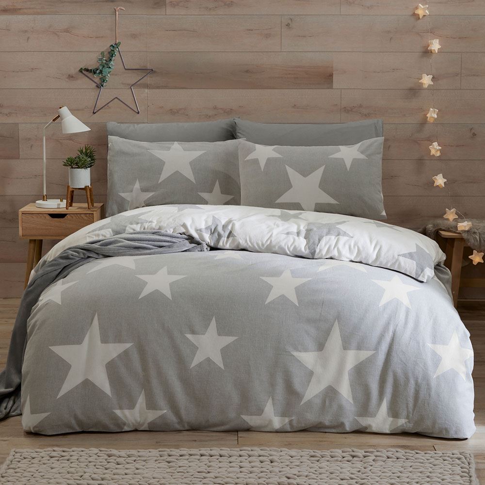 Fusion Cosy Star Print Reversible 100% Brushed Cotton Duvet Cover Set