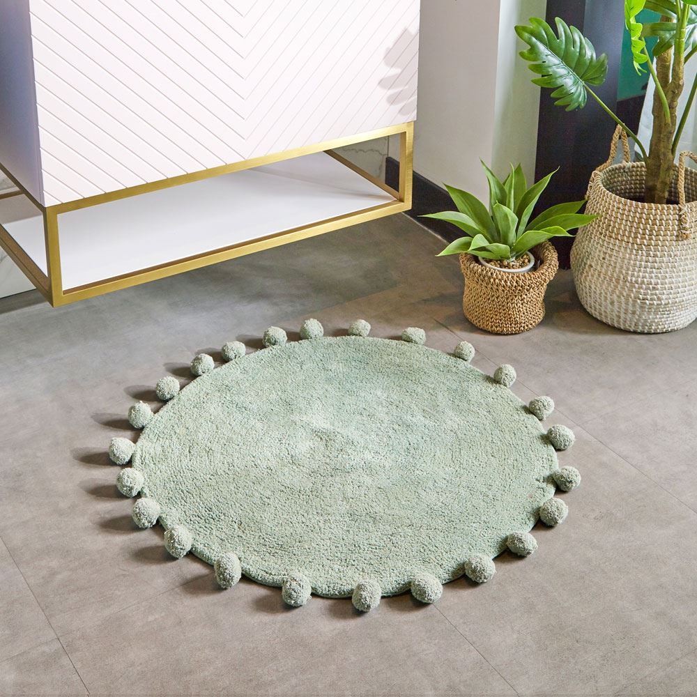 Furn Circle Pom Pom Fringed 100% Cotton Bath Mat
