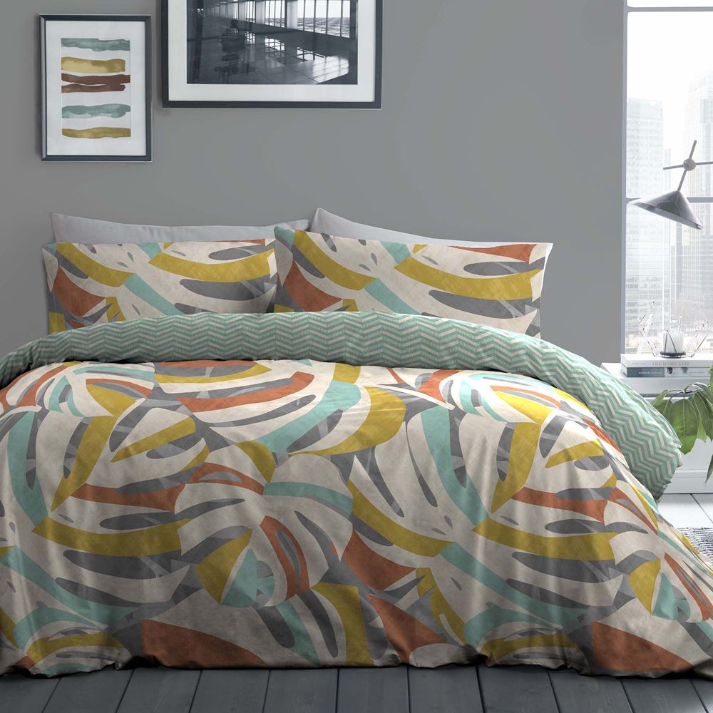 Fusion Akito Abstract Floral Leaf Print Easy Care Reversible Duvet Cover Set