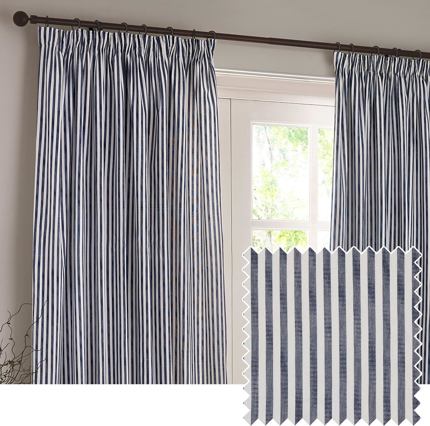 Yard Hebden Stripe Melange Print 100% Cotton Pencil Pleat Lined Curtains