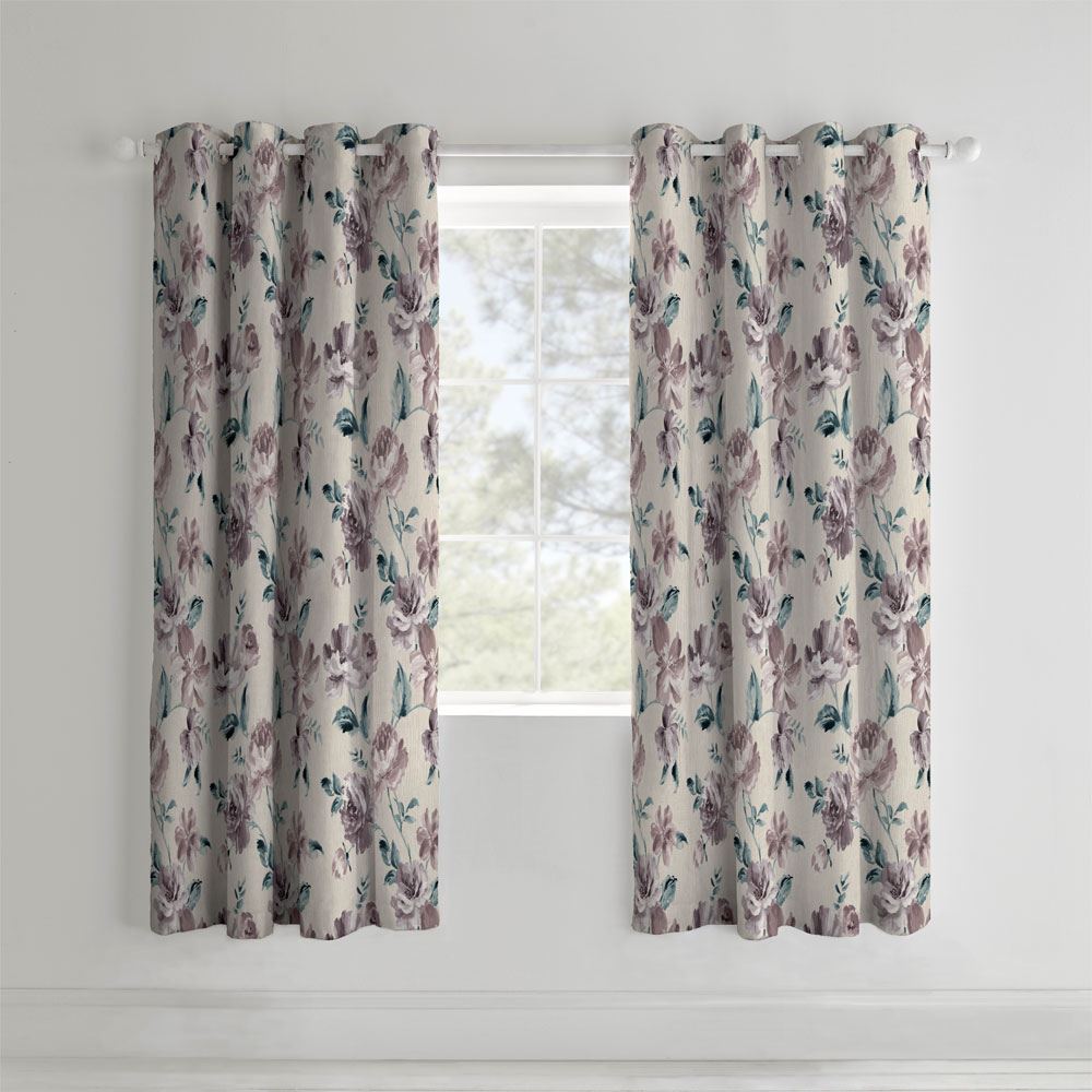 Catherine Lansfield Painted Floral Easy Care Cotton Rich Eyelet Curtains, Plum, 66 x 72 Inch