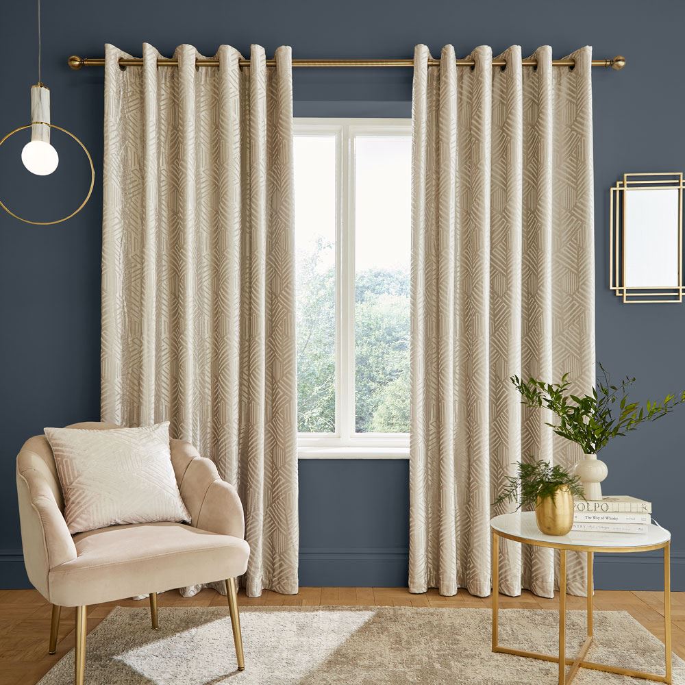 Catherine Lansfield Geo Cut Velvet Deco Lined Eyelet Curtains