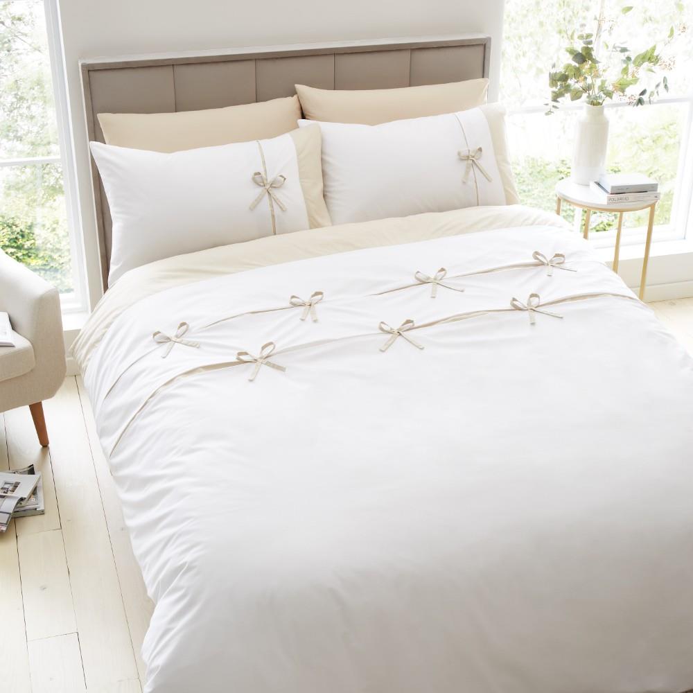Catherine Lansfield Milo Bow Double Duvet Cover Set with Pillowcases Natural