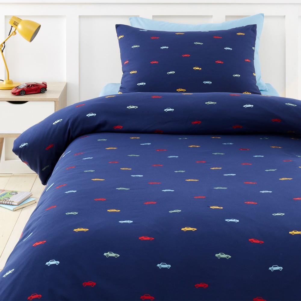 Catherine Lansfield Embroidered Cars Soft Microfibre Double Duvet Cover Set with Pillowcases Blue