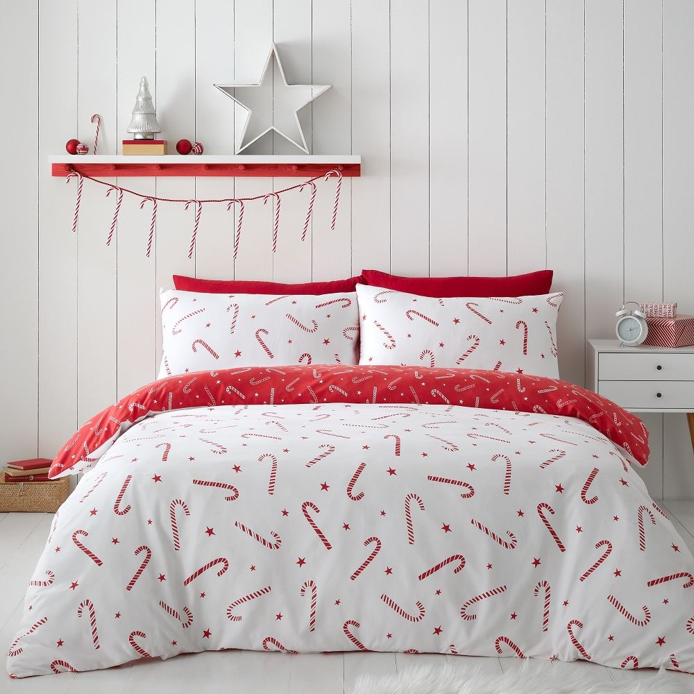 Catherine Lansfield Christmas Candy Cane Reversible Duvet Cover Set