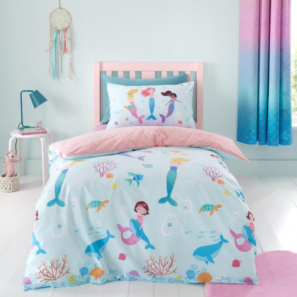 Catherine Lansfield Mermaid Reversible Single Duvet Cover Set with Pillowcase Blue