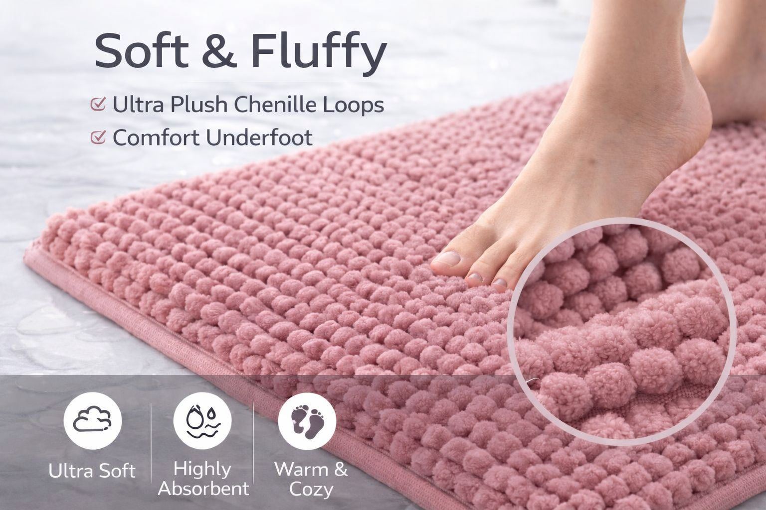 Night Zone Soft and Shaggy Chenille Loop 2 Piece Nonslip Bath Mat Set