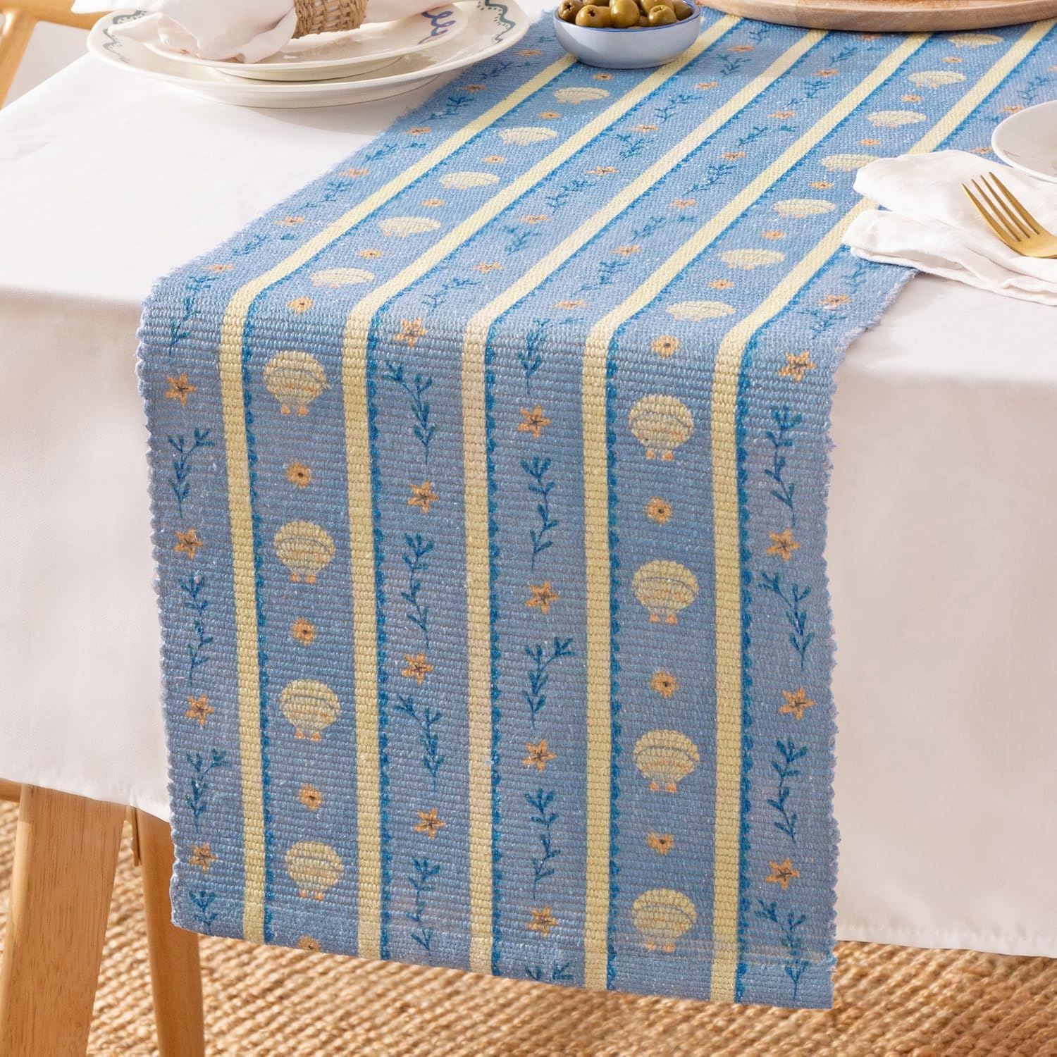 Furn Sea Shells Nautical Coastal Water Resistant Outdoor Table Runner