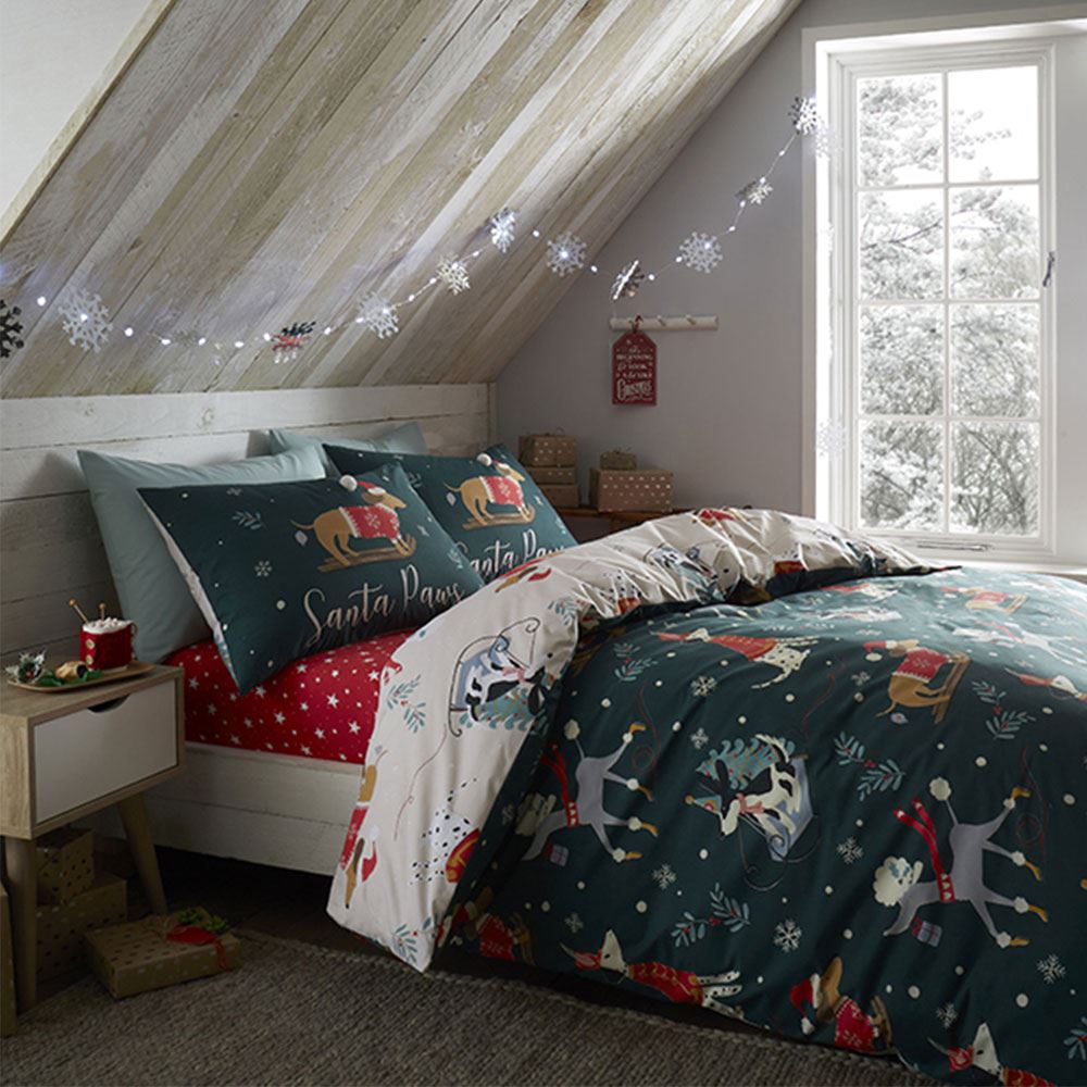 Catherine Lansfield Christmas Santa Paws Reversible Duvet Cover Set