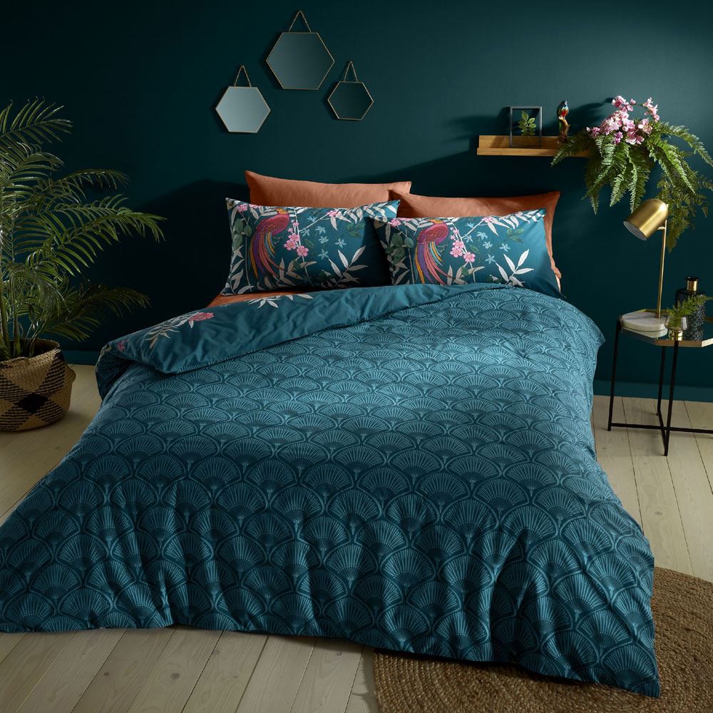 Catherine Lansfield Tropical Floral Birds Print Easy Care Reversible Duvet Cover Set
