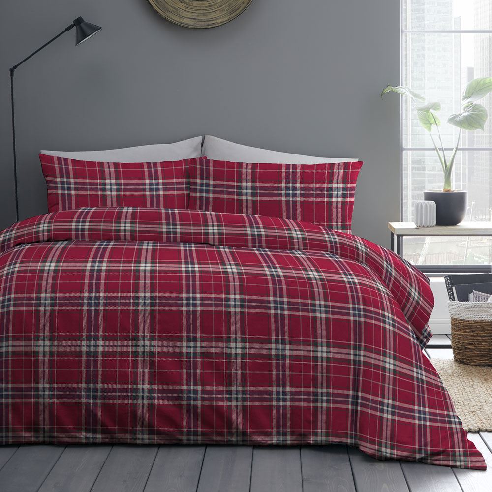 Fusion Cosy Check Print Reversible 100% Brushed Cotton Duvet Cover Set