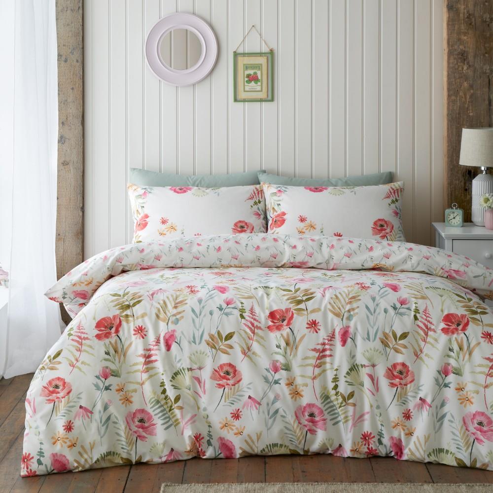 Catherine Lansfield Ella Poppy Reversible Double Duvet Cover Set with Pillowcases Cream