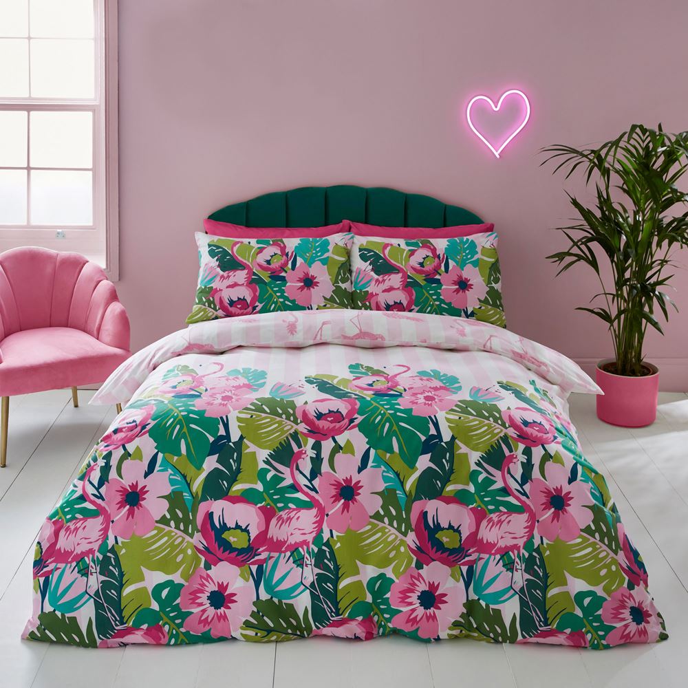 Sassy B Tropical Flamingo Stripe Tropical Print Reversible Duvet Cover Set