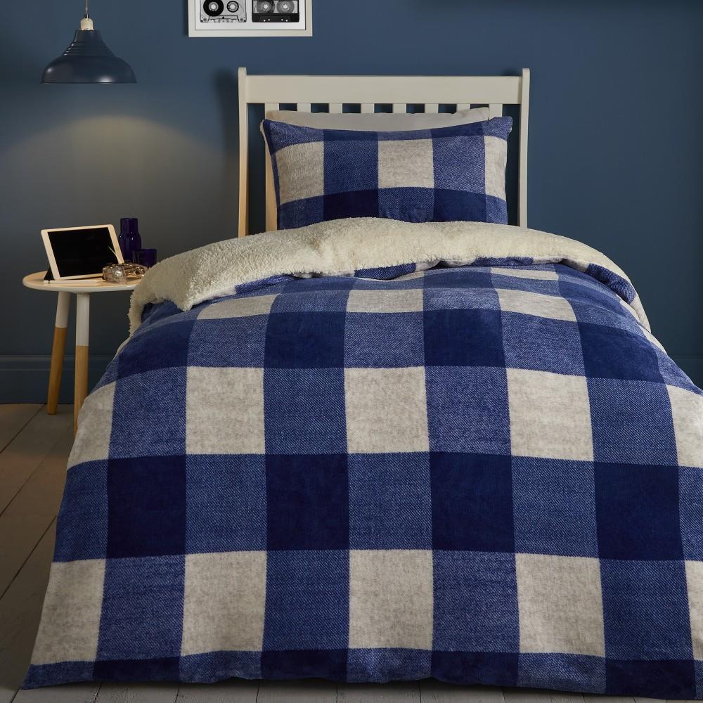Bedlam Cosy Theo Check Plush Teddy Fleece Duvet Cover Set