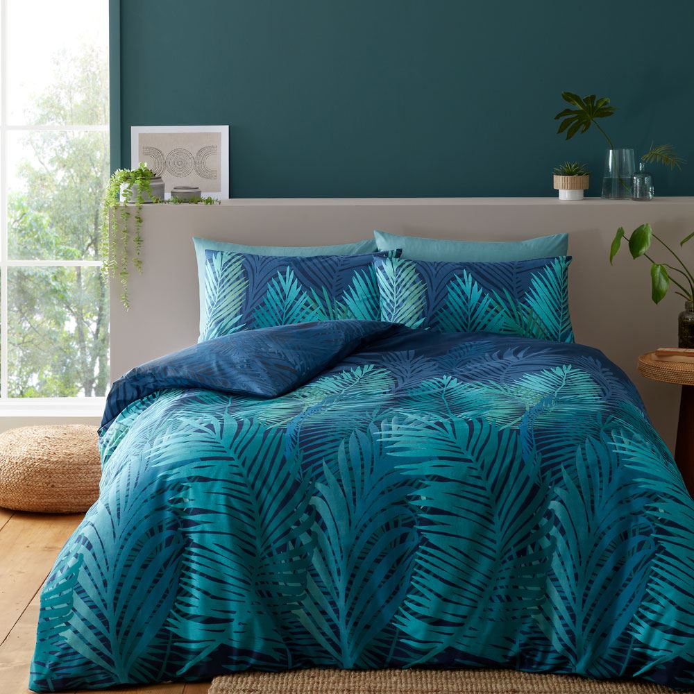 Catherine Lansfield Tropical Palm Print Easy Care Reversible Duvet Cover Set