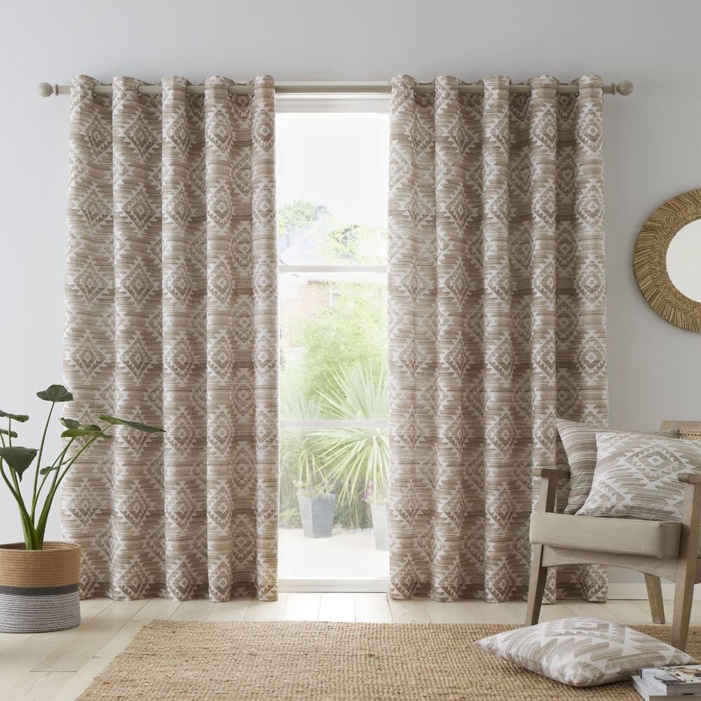 Catherine Lansfield Aztec Geo Print 100% Cotton Lined Eyelet Curtains