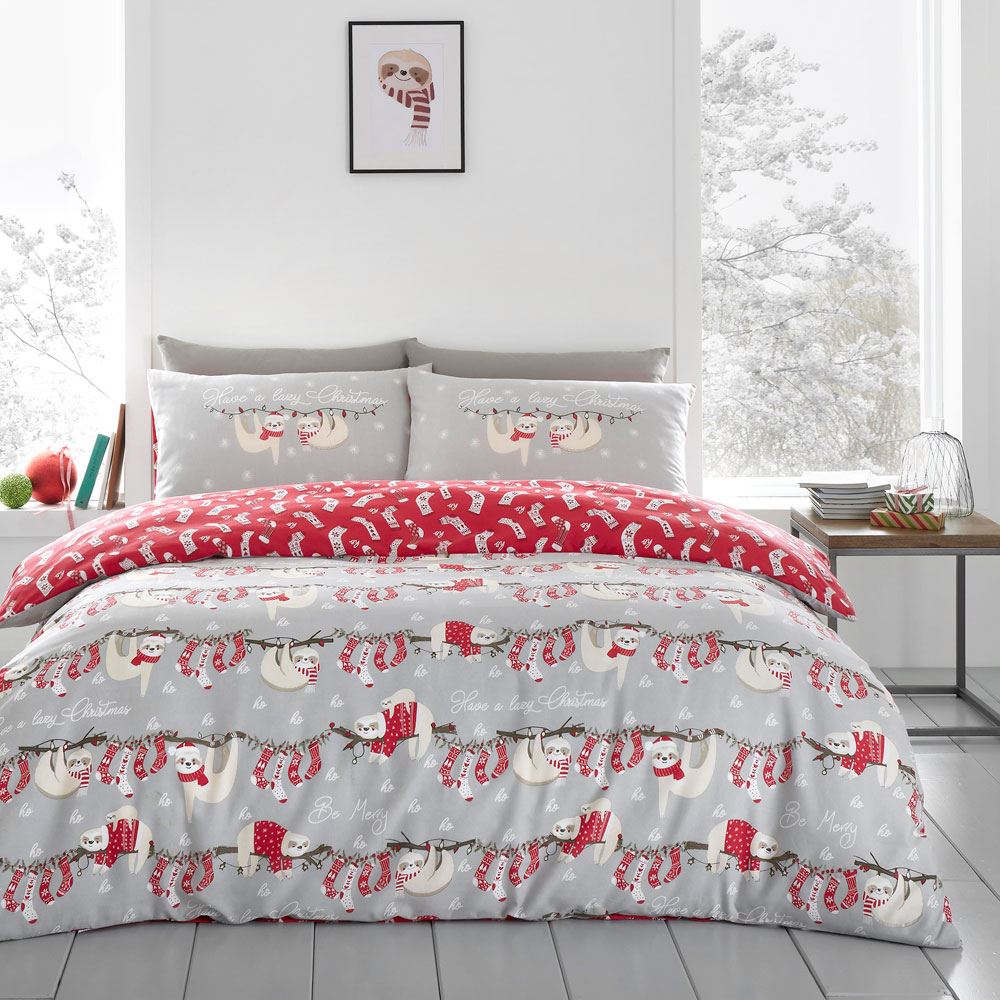 Fusion Christmas Merry Slothmas Print 100% Cotton Reversible Duvet Cover Set