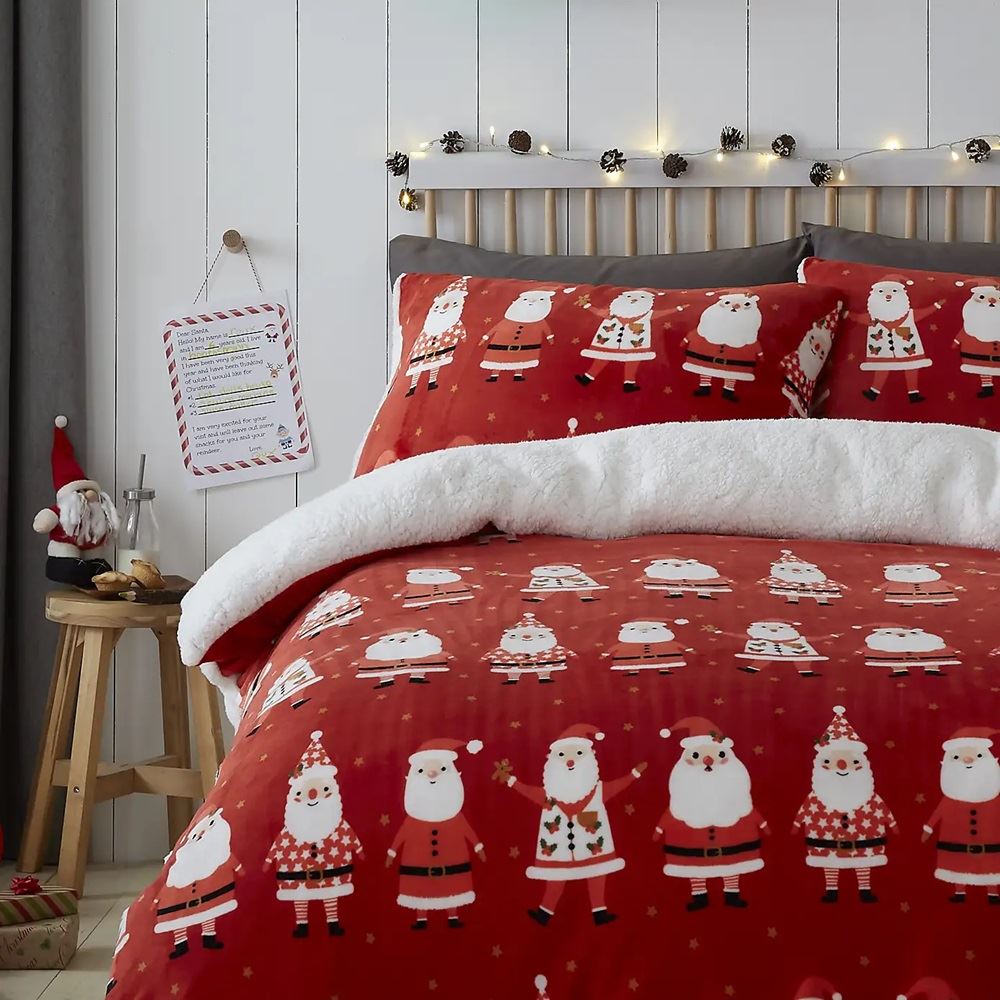 Bedlam Christmas Jolly Santa Sherpa Reverse Duvet Cover Set, Red