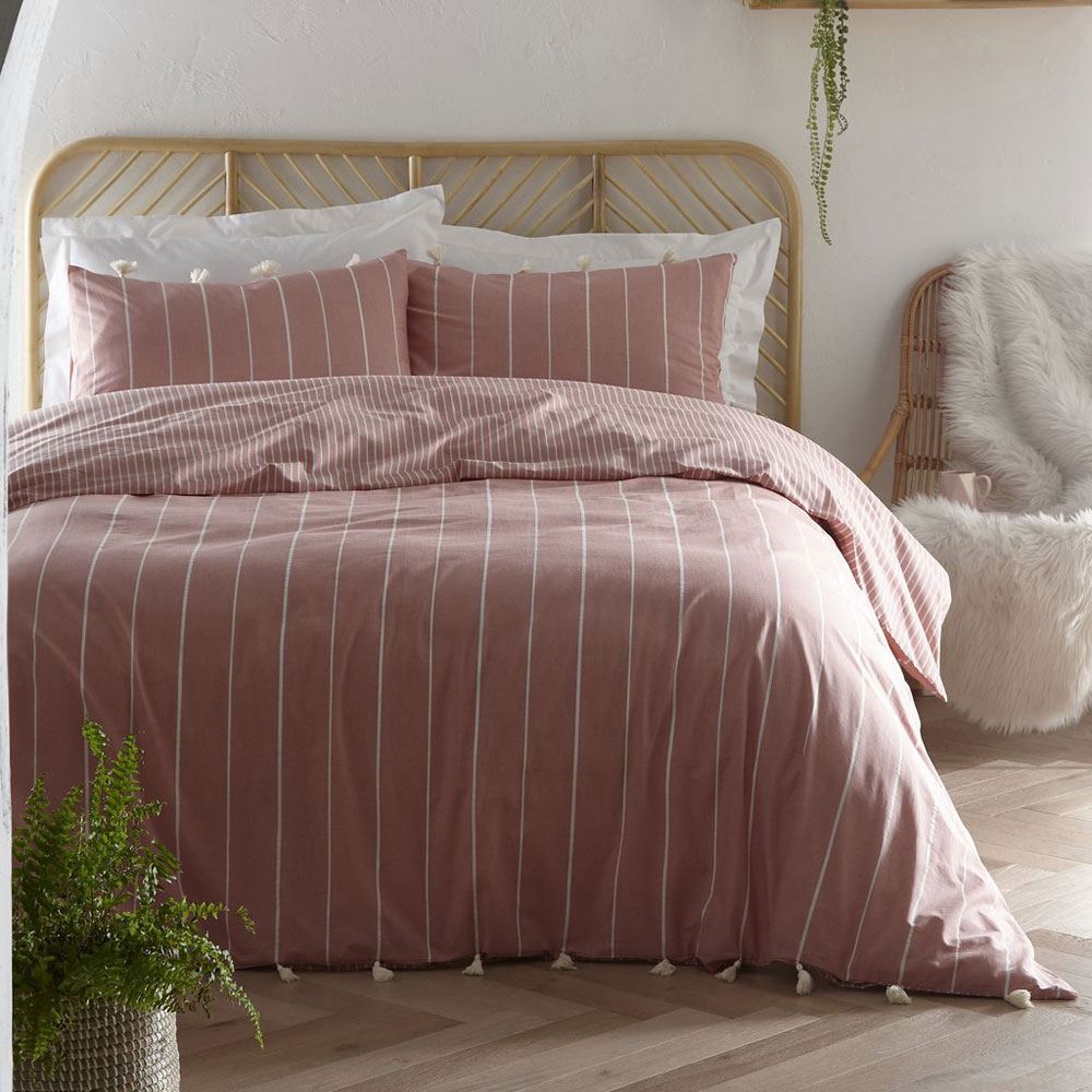 Appletree Loft Delta Stripe 100% Cotton Percale Tasseled Duvet Cover Set