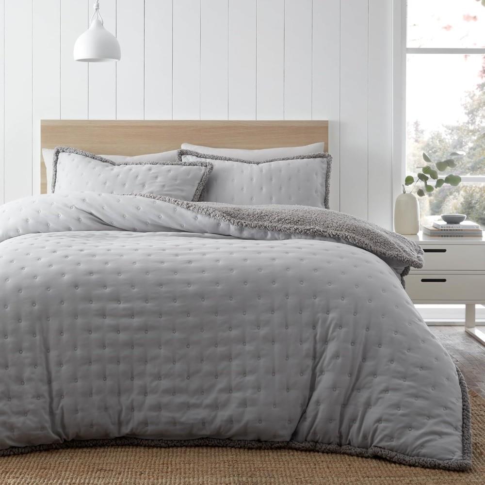 Catherine Lansfield Cosy Nori Soft Sherpa Double Duvet Cover Set with Pillowcases Silver