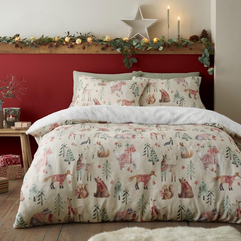 Fusion Christmas Woodland Animals Teddy Fleece Reversible Duvet Cover Set