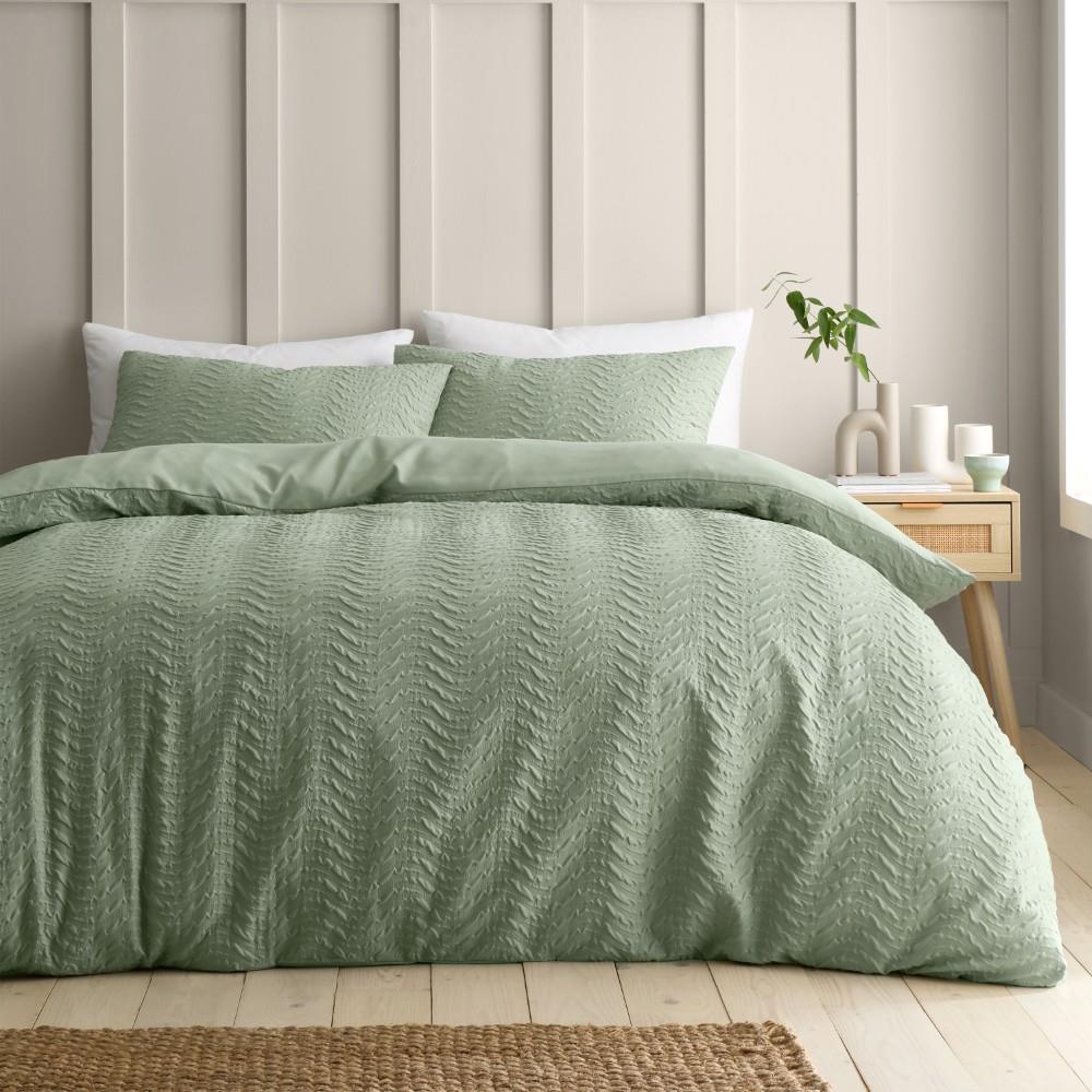 Catherine Lansfield Heatset Wave Double Duvet Cover Set with Pillowcases Mint Green