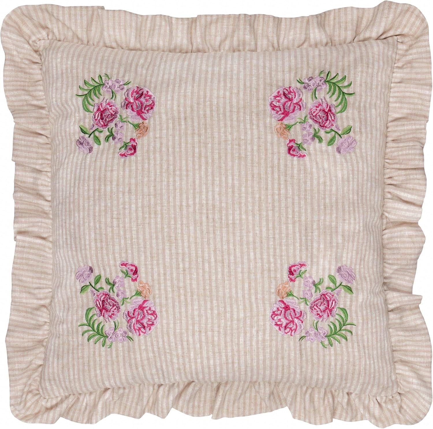 Wylder Martha Embroidered Floral Striped Ruffle Edge Cushion Cover