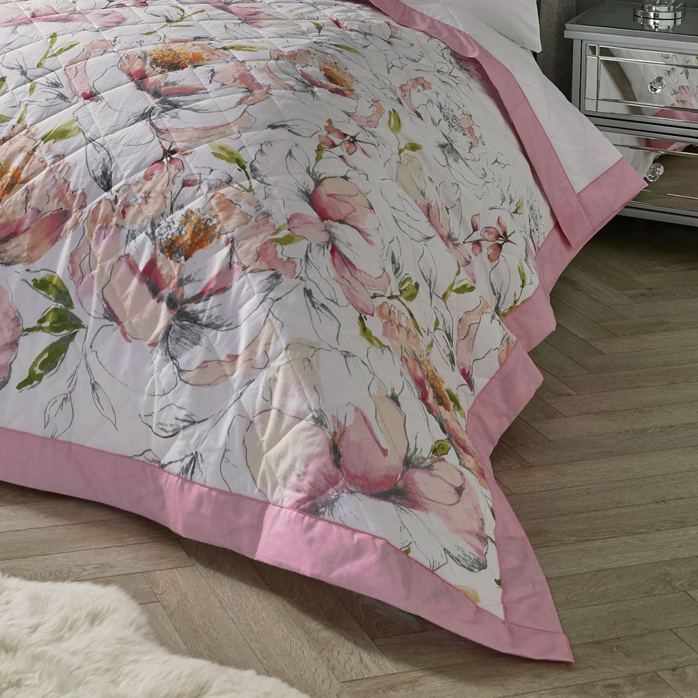 Dreams & Drapes Peony Watercolour Floral Print Quilted Bedspread