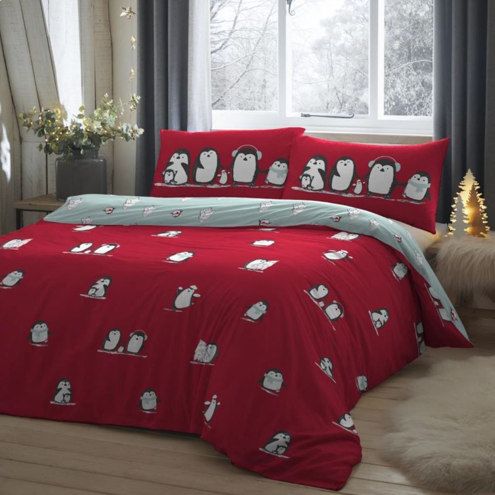 Fusion Christmas Snowy Penguin Print 100% Cotton Reversible Duvet Cover Set